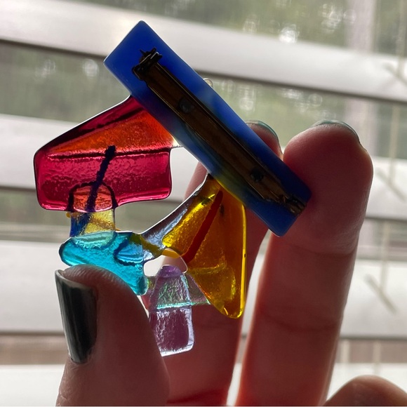 Signed vintage colorful fused art glass brooch ‘80s ‘90s - Picture 10 of 12